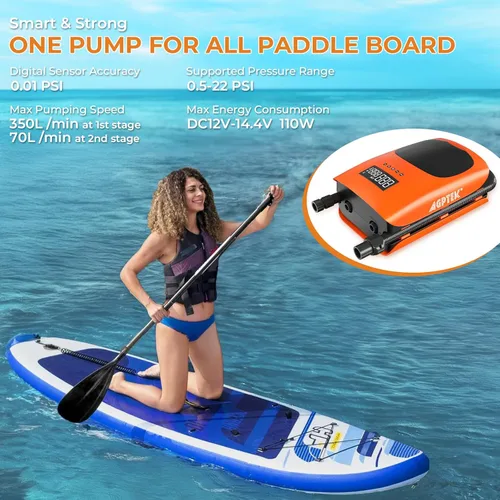 Miniatura 2 de AGPTEK Bomba de tabla de remo de alta presión de 22 PSI, bomba de aire eléctrica SUP, bomba de tabla de remo portátil, función de inflado