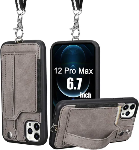 TOOVREN Funda tipo cartera para iPhone 12 Pro Max con soporte de cuero para tarjetero y correa ajustable para el cuello, cubierta trasera protectora