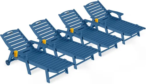 Miniatura 27 de Ciokea Silla de Descanso para Exteriores, Tumbona de Gran Tamaño con 5 Posiciones, HDPE, Silla de Descanso de Patio con Ruedas y Portavasos para Gris