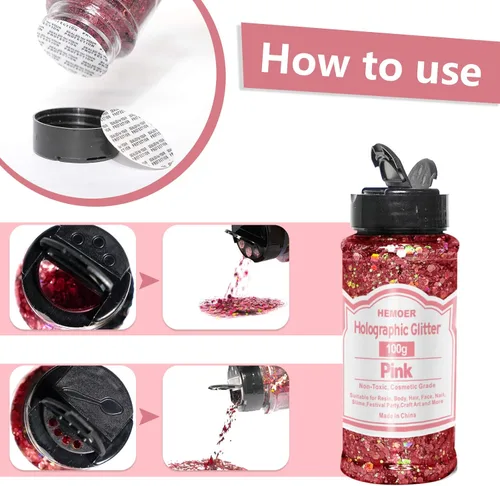 Miniatura 3 de HEMOER - Purpurina rosa, 100g/3.5oz, lentejuelas holográficas gruesas mixtas de hexágono y copos finos con brillo iridiscente para manualidades