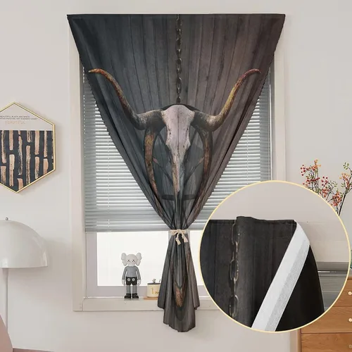 Miniatura 2 de XISUNYA Cortinas opacas portátiles autoadhesivas, con ruedas de madera de granero, para puerta corta, diseño de calavera de toro con cuernos largos