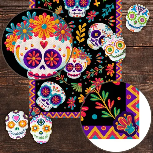 Miniatura 5 de Pudodo Camino de mesa del Día de los Muertos con calavera de azúcar, Día de los Muertos, festival mexicano, vacaciones, cocina, comedor, decoración