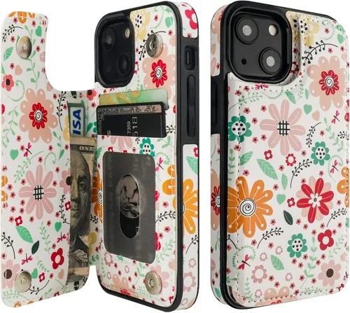 Miniatura 12 de HAOPINSH Funda para iPhone 13 Mini con tarjetero y diseño de flores en la parte posterior, con función atrás, de piel sintética, con ranuras