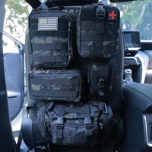 Miniatura 18 de Organizador táctico universal para respaldo de asiento, panel Molle para vehículo, bolsa de almacenamiento con 5 bolsas Molle desmontables