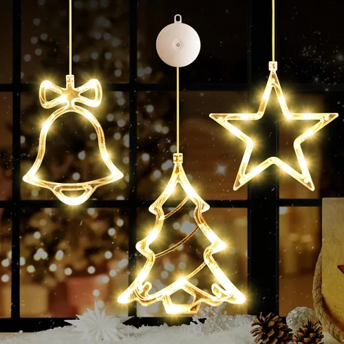 Miniatura 11 de LYUBASA Paquete de 3 luces de Navidad para ventana con temporizador, alimentadas por baterías, lechón LED multicolor para árbol de Navidad