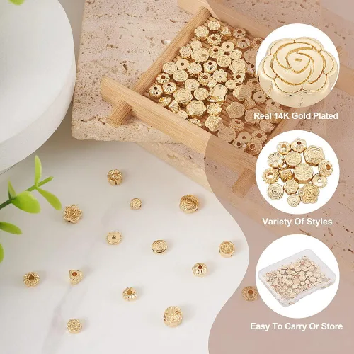 Miniatura 2 de KISSITTY 84 cuentas espaciadoras chapadas en oro de 14 quilates para hacer joyas, cuentas triangulares de calabaza, espaciadores de metal