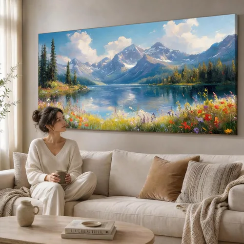 Miniatura 2 de Inzlove Large Canvas Wall Art 48" L x 24" W - Snow Mountain Lake Landscape Painting, Meadow Wildflowers Art Print, Rustic Farmhouse Decor for Living