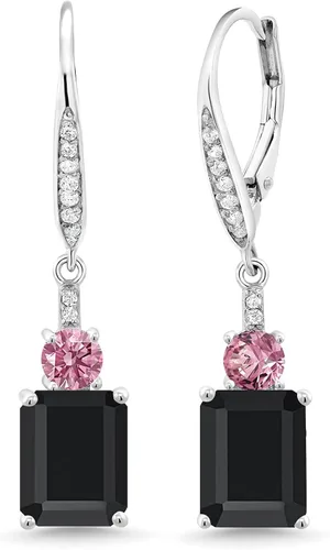 Gem Stone King Aretes colgantes de plata de ley 925 de ónix negro octágono rosa cultivado en laboratorio de 492 quilates para mujer Gema Metal