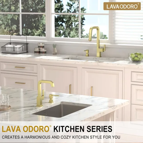 Miniatura 5 de Lava Odoro Dispensador de jabón para fregadero de cocina, dispensador de jabón dorado para fregadero, moderno y cuadrado integrado para fregadero