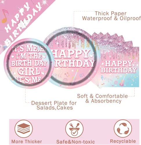 Miniatura 4 de Juego de vajilla para fiesta de cumpleaños para niñas, platos de papel y servilletas de cumpleaños, suministros de fiesta, decoración de fiesta