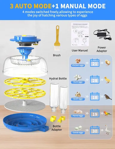 Miniatura 9 de Incubadora panorámica de huevos de 18 huevos de 360° con giro automático de huevos y control de humedad, perfecta para incubar pollos, patos