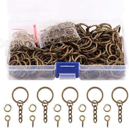 Miniatura 12 de Swpeet Juego de 450 llaveros planos negros de 4/5 pulgadas de 0.787 in, incluye 150 llaveros divididos con cadena y 150 anillos de salto con 150