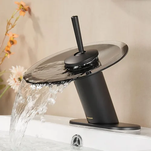 Miniatura 10 de Grifo de baño cascada de latón macizo de vidrio de una sola manija de un solo agujero lavabo lavabo grifo de baño, corto, bronce aceitado Bronce