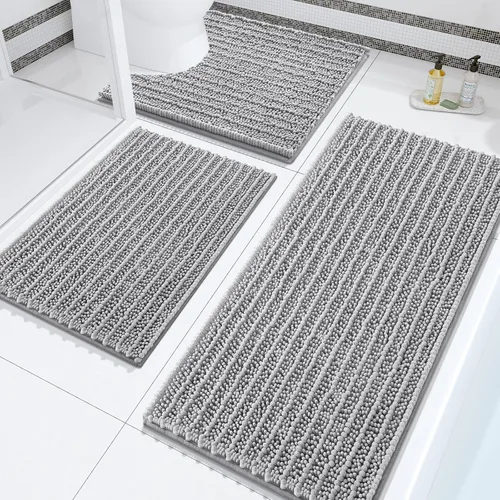 Miniatura 10 de Arotive Juego de 3 alfombras de baño de chenilla, extra suaves, absorbentes, peludas y de contorno en forma de U, antideslizantes, lavables a