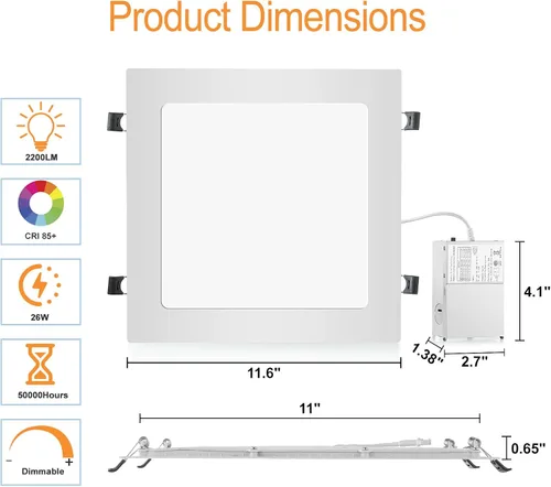 Miniatura 4 de LZHOME - Luz empotrable LED cuadrada de 11 pulgadas y 26 W, 3 colores de temperatura seleccionable y regulable, 2200 lúmenes, iluminación LED