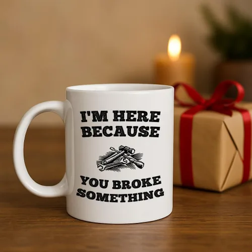 Miniatura 9 de Casitika Taza de café de 11 onzas con texto en inglés "I'm Here Because You Broke Something". Idea de regalo para personal de servicio o mecánico.