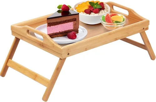 Miniatura 11 de Artmeer Mesa Bandeja de Cama con Patas Plegables, Bandeja de Desayuno de Bambú con Asas Ideal para Sofá, Cama, Comer, Trabajar, Usada Como