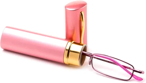 Miniatura 4 de Lentes de lectura de tubo de bolsillo, ultra delgados, compactos, unisex, ligeros, con clip de bolsillo portátil, estuche de aluminio, color rosa