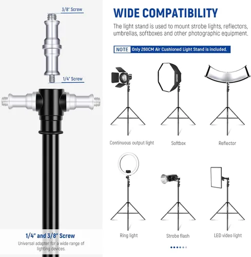 Miniatura 2 de NEEWER Soporte de luz acolchado de aire de 8.5 pies/8.5 ft, soporte de trípode de fotografía de metal resistente con espiga reversible de 1/4 a 3/8