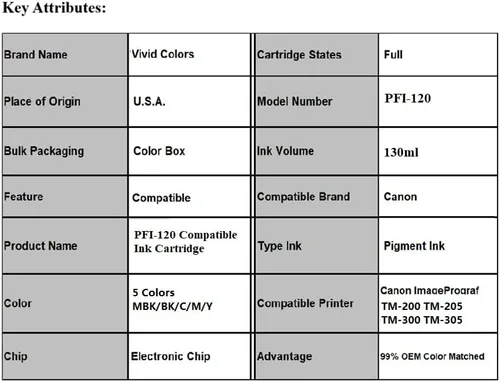 Miniatura 4 de Vivid Colors Nuevo cartucho de tinta cian compatible PFI-120 para uso en Canon PFI120 IPF TM-Series TM-200 TM-300 TM-305 Plotter 120 4.4 fl oz tanque