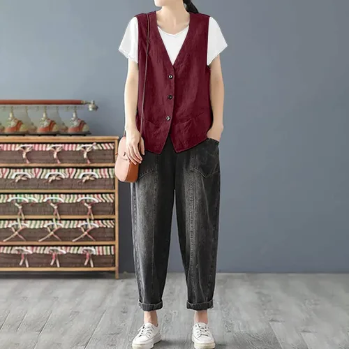 Miniatura 5 de Chaleco de lino de algodón para mujer, casual, vintage, sin mangas, con botones, a la moda, suelto, ligero, ropa de abrigo