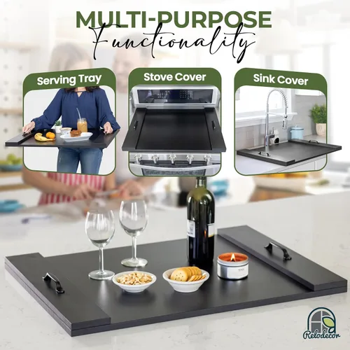 Miniatura 3 de Cubierta para estufa de tabla de fideos con asas, cubierta superior de estufa eléctrica y de gas de madera rústica, decoración de cocina de granja