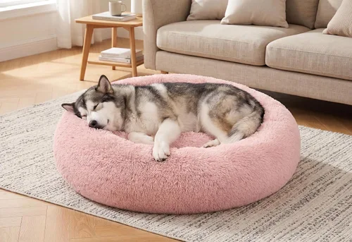 Miniatura 11 de SAVFOX Camas calmantes de felpa para perros, cama de perro de dona para perros pequeños, tamaño mediano, grande y extragrande, cómoda cama para Beige
