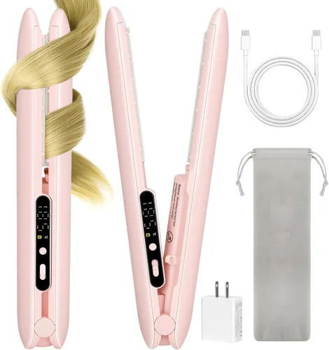 Plancha y rizador de pelo inalámbrico 2 en 1 con pantalla LCD, plancha plana portátil de 30 W para viajes, 3 ajustes de calor (293.0-365.0 °F) para