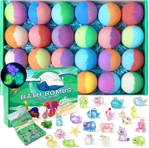 Bombas de baño para niños con juguetes en el interior, paquete de 24 bombas de baño para niños con juguetes sorpresa que brillan en la oscuridad,