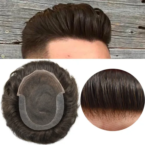 Miniatura 25 de Toupee para hombre, encaje suizo frontal, nudos blanqueados, línea capilar natural, sistemas de reemplazo de cabello humano tipo tupé, piezas hechas