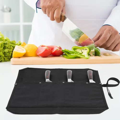 Miniatura 6 de Bolsa para cuchillos de chef, rollo para cuchillos con 4 ranuras, forro de tela especializado resistente a cortes, lona encerada resistente de 16