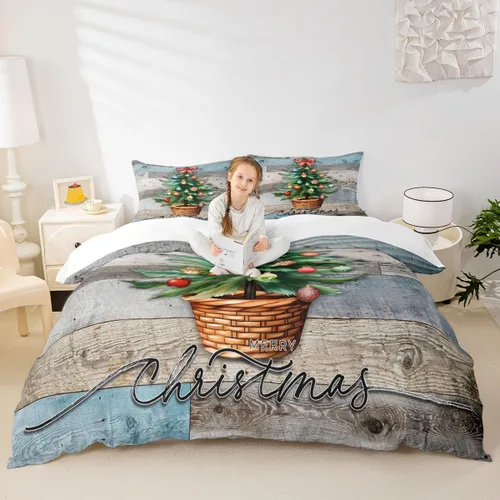 Miniatura 39 de Juego de funda de edredón para niños con diseño de Navidad, tamaño individual, camiones rojos y árboles de pino con copos de nieve, decoración