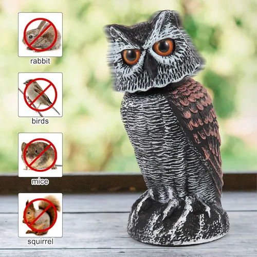 Miniatura 2 de Hedoc 2 Pack Señuelos de búho falso para ahuyentar a los pájaros, cabeza giratoria Disuasivos de aves, estatuas de plástico de espantapájaros