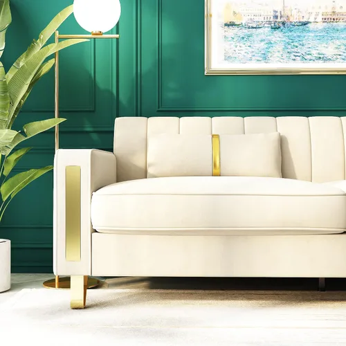 Miniatura 6 de Sofá cama modular de tela de terciopelo de 85.62 pulgadas, 3 asientos, fácil de montar con 2 almohadas de sofá, patas de metal dorado para sala