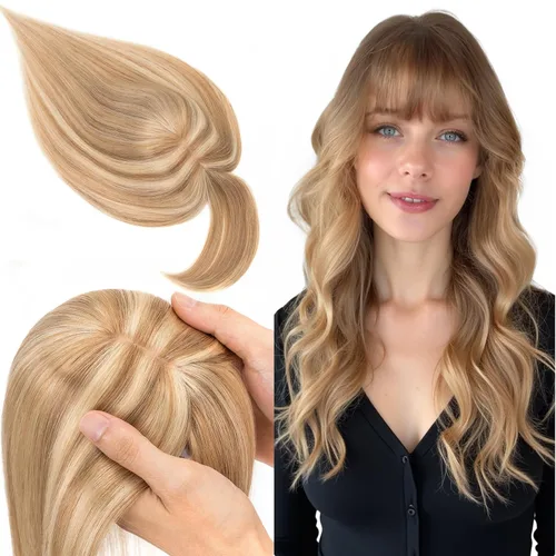 Miniatura 12 de SEGO Toppers de cabello humano 100% real, con flequillo de aire, base de seda 150% de densidad, topper con clip, 2.7 x 5.1 pulgadas, piezas