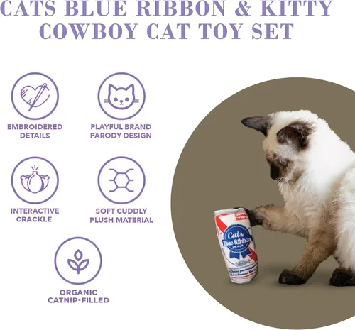 Miniatura 3 de Haute Diggity Kitty Gatos Cinta Azul + Conjunto de Gatito Vaquero, Juguetes de Felpa para Gatos Rellenos de Hierba Gatera con Sonido Crujiente