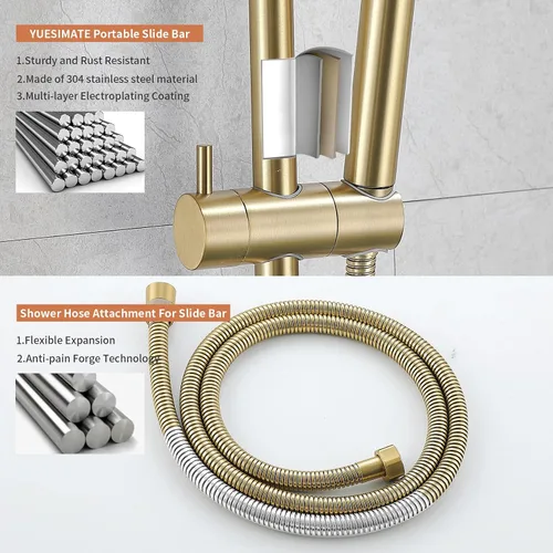 Miniatura 4 de Cabezal de ducha redondo de mano con barra deslizante de 28 pulgadas, dorado cepillado, barra deslizante de ducha, barra de acero inoxidable 304