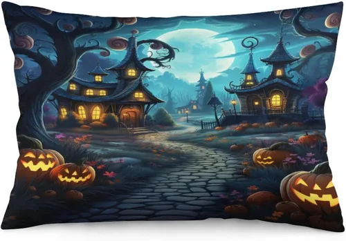 Miniatura 18 de Fundas de almohada frescas de casa embrujada, castillo, luna, bosque medieval, calabaza, fundas de almohada rectangulares con cremallera invisible