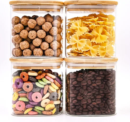Miniatura 13 de SHOWIN Tarros de almacenamiento de pasta de vidrio de 73 onzas, tarros altos de vidrio con tapas de bambú, contenedor de espagueti, juego de 3
