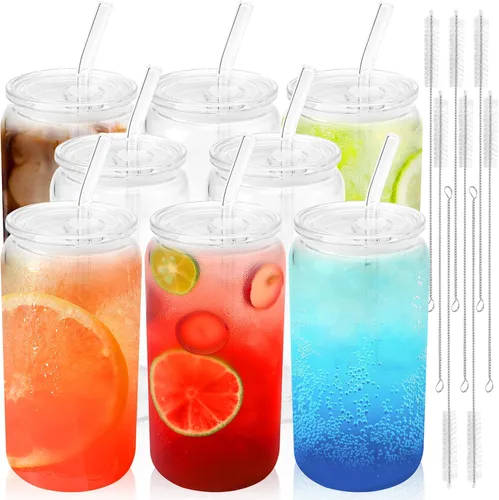 Miniatura 10 de Joyclub 4 vasos de vidrio con tapas y pajitas acrílicas, tazas de café helado de vidrio de 16 onzas con tapas y pajitas, lindos vasos para beber