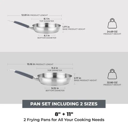 Miniatura 2 de BRA COOKWARE Master 2 - Juego de sartenes profesionales de 8 + 10.2 pulgadas, sartén de acero inoxidable, compatible con todas las estufas, sartén