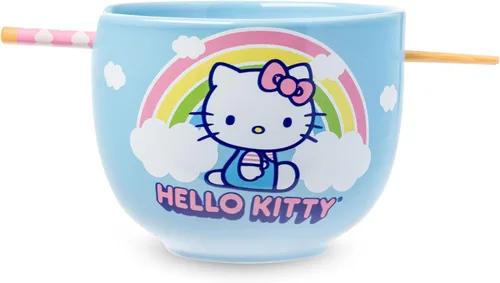Miniatura 23 de Silver Buffalo Sanrio Hello Kitty Tazón de cerámica para ramen y arroz con diseño de flores, con palillos, apto para microondas, 20 onzas