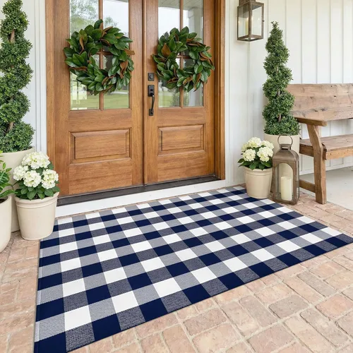 Miniatura 32 de KOZYFLY - Alfombras de área a cuadros de búfalo de 2x3 pies, alfombra a cuadros en negro y blanco lavable, alfombra de puerta delantera tejida a