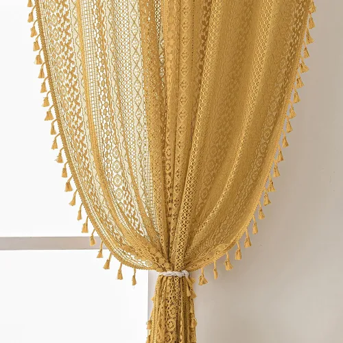 Miniatura 21 de WAZZIO Cortinas de Encaje, Cortina Boho de Crochet para Dormitorio, Cortinas de Café de Algodón, 45 Pulgadas de Largo, 2 Paneles con Bolsillo