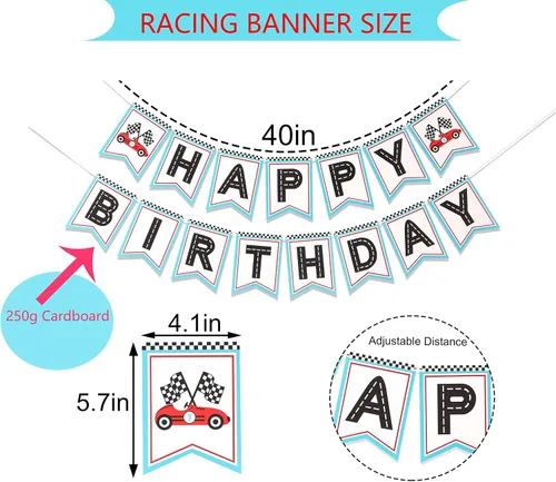 Miniatura 2 de Retro Happy Birthday - Decoración de fiesta temática de carreras, pancarta de cumpleaños para fanáticos de las carreras