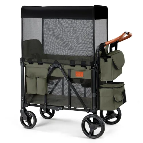 Miniatura 11 de ZTDM - Cochecito estilo carrito para 2 niños, asiento alto y arnés de 5 puntos, carrito todoterreno plegable para niño pequeño con toldo