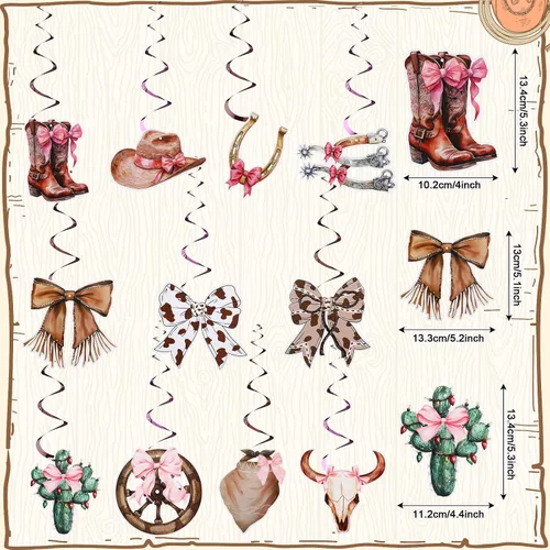 Miniatura 2 de Affrolling 52 piezas de arco de coqueta de vaquera, remolinos colgantes, decoraciones de fiesta de cumpleaños del oeste, color rosa, disco rodeo