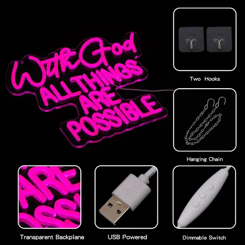 Miniatura 4 de Letrero de neón con texto en inglés "With God All Things Are Possible" para decoración de pared, letrero de neón LED rosa, luz de neón regulable