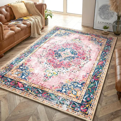 Miniatura 19 de Alfombra de área de 5 x 7 pies para sala de estar, alfombra verde boho antideslizante lavable, alfombra vintage de pelo bajo, alfombra grande