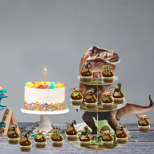 Miniatura 5 de ZOIIWA Soporte de cupcakes con temática de dinosaurio para decoración de fiesta de cumpleaños de dinosaurio, 24 decoraciones de cupcakes, 3 niveles